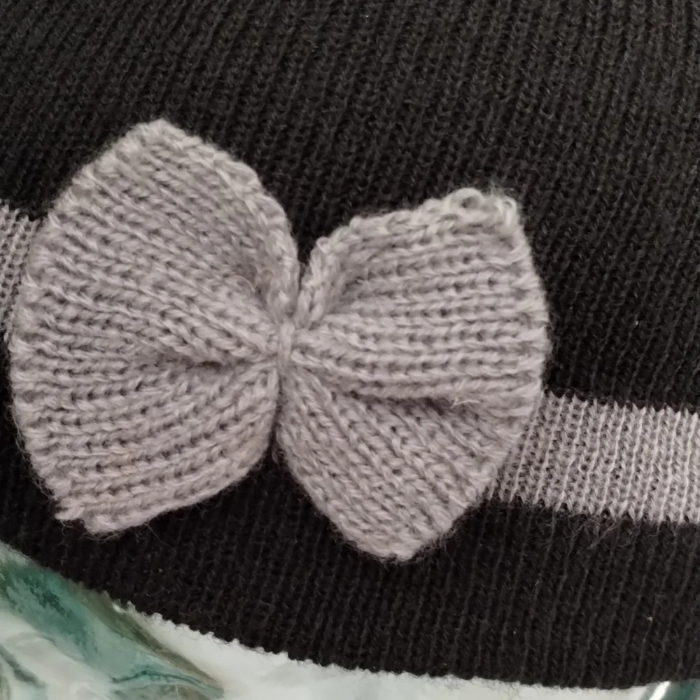 Girls Black & Gray Knit Stripe Beanie Hat with Bow Accent, One Size